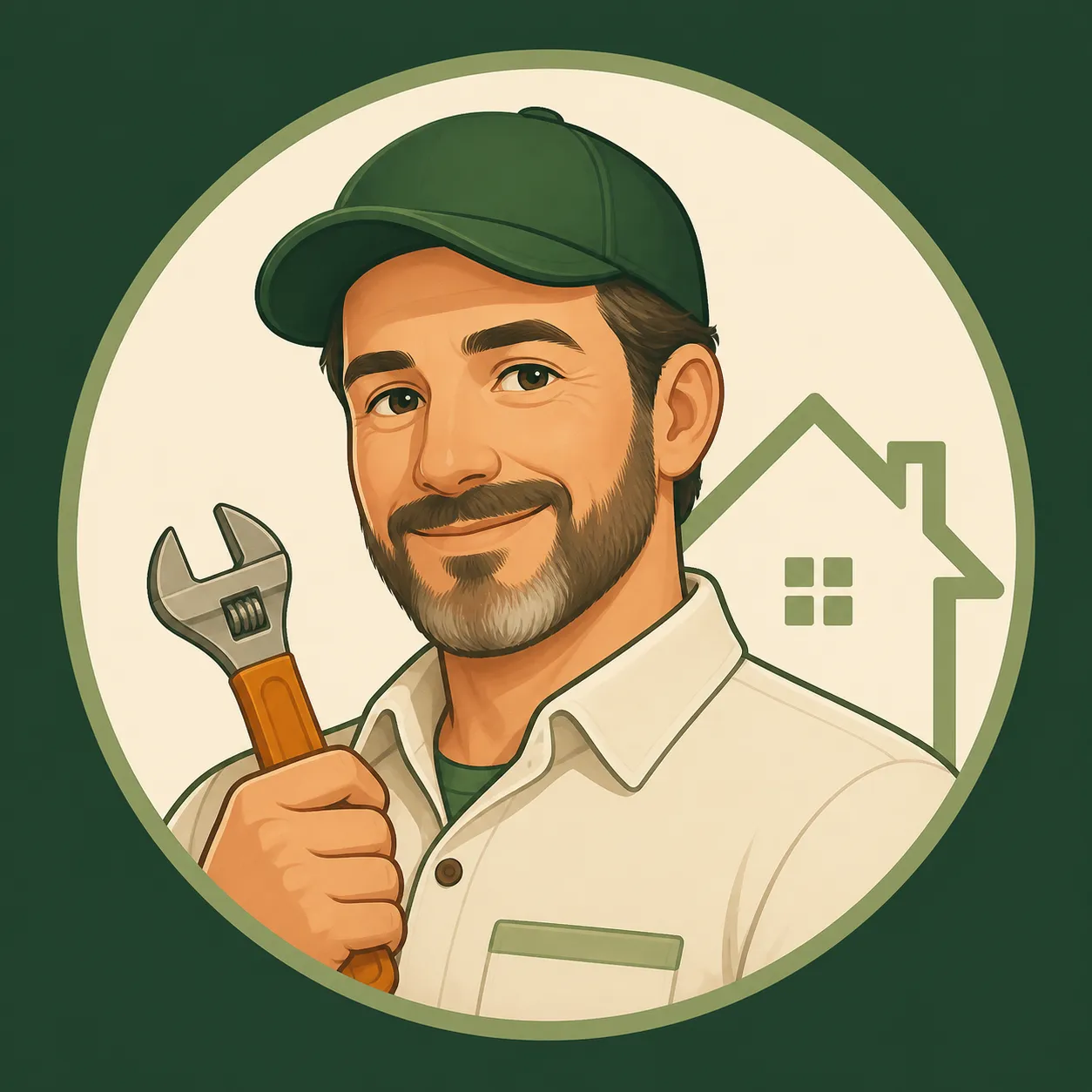 Handy Hank, a friendly handyman holding a wrench in front of a house